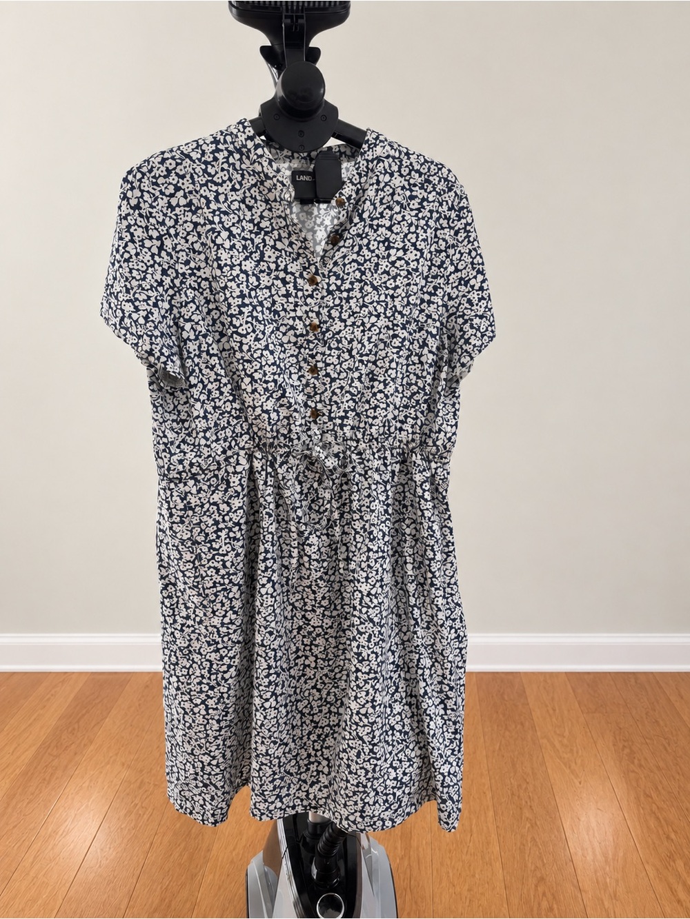 Lands' End Navy and White Floral Button-Front Midi Dress